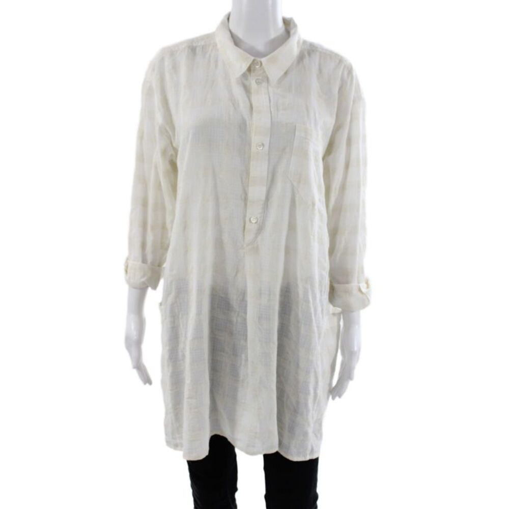 Billy Reid Womens Collared Check Button Up Tunic 3/4 Sleeve Beige Size M